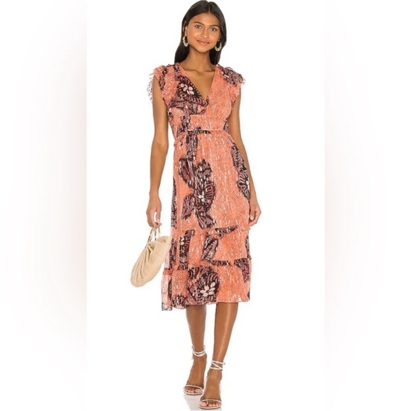 Ulla Johnson Akira Metallic Shibori Silk Printed Midi Dress Coral Pink‎ Size 6 - Picture 5 of 17